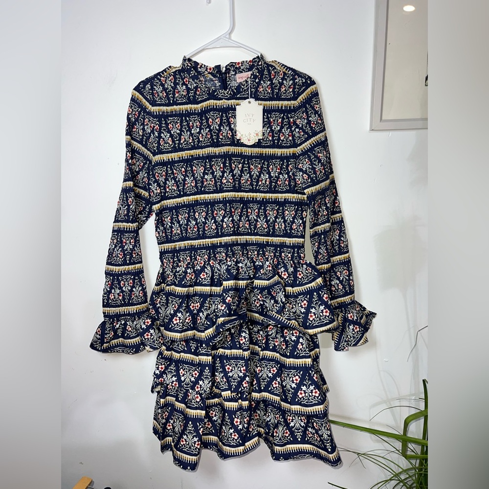 Ivy City Co Elegant Navy and Cream Patterned Dress